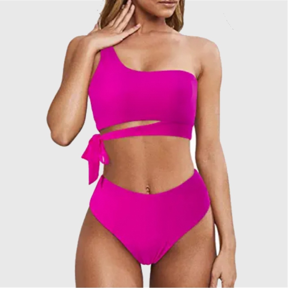 Hot Pink One Shoulder High Waisted Bikini Tie High Cut Swimsuit